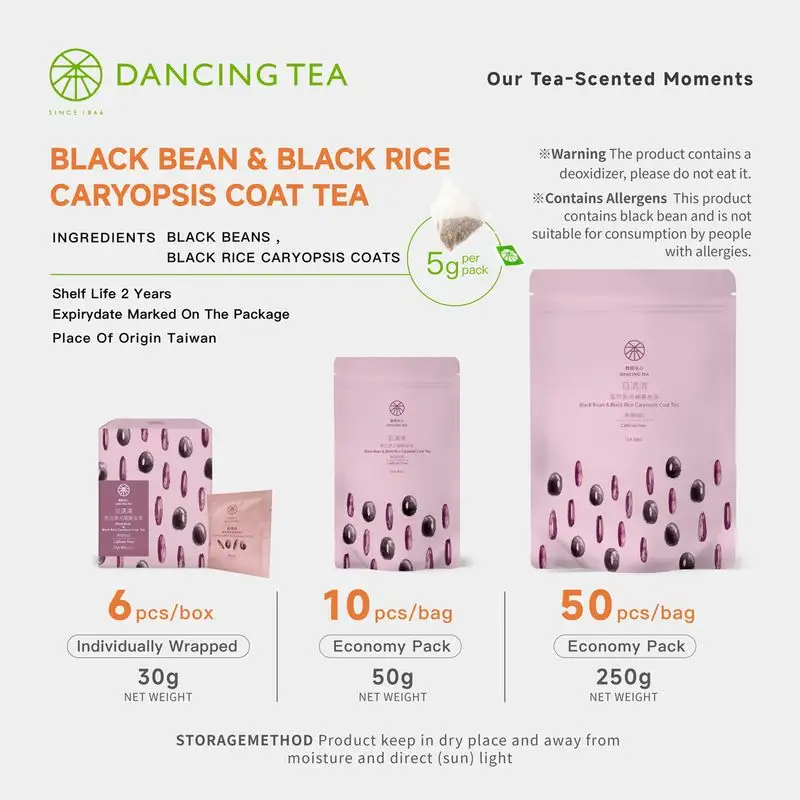 Black bean and black rice caryopsis coat were roasted under low temperatures to keep the maximum of natural antioxidants to help restore energy and health.