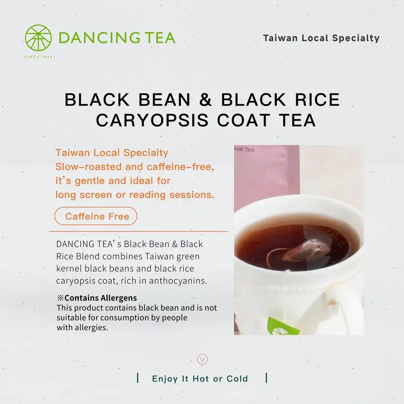 Black bean and black rice caryopsis coat were roasted under low temperatures to keep the maximum of natural antioxidants to help restore energy and health.